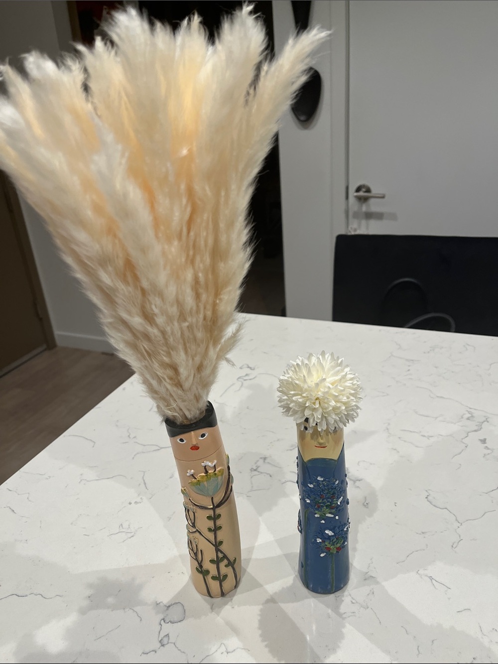 Hand-Painted Beige and Blue Floral Decorative Vases